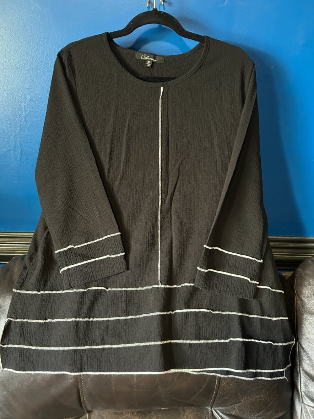 Calessa black gauzy crinkle tunic top white stitching trim XL goth avant garde